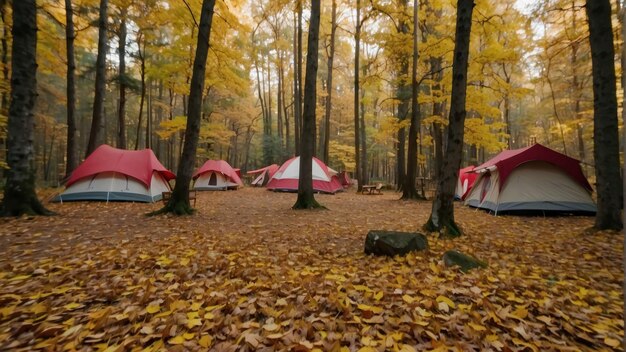 Tendas de acampamento na névoa da floresta de outono