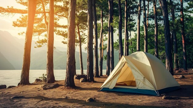 Tendas de acampamento sob pinheiros com luz solar no lago Pang Ung Mae Hong Son, na Tailândia