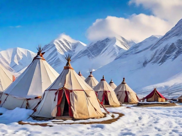 Tendas tibetanas num vale coberto de neve
