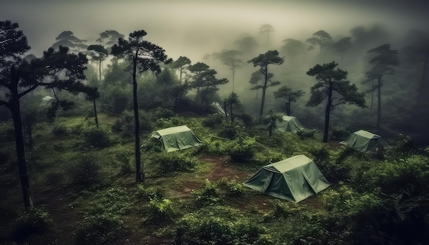 tendas turísticas estão na floresta verde enevoada nas montanhas