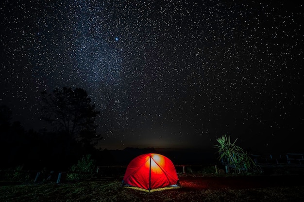 Foto tendas vermelhas iluminadas sob as estrelas