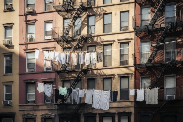 Tendedero con ropa colgando de una ventana en la ciudad creado con ai  generativo