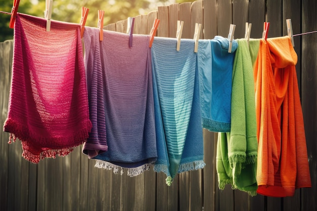 Un tendedero con toallas de colores colgando una al lado de la otra