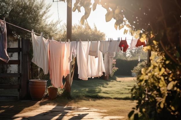 Un Tendedero Con Sábanas Y Toallas Recién Lavadas Colgadas Al Sol, Creado  Con Ai Generativo Fotos, retratos, imágenes y fotografía de archivo libres  de derecho. Image 206115292