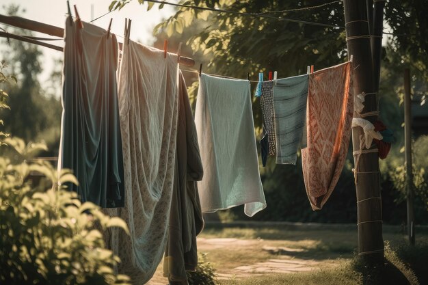 Un tendedero con toallas recién lavadas, sábanas y mantas secándose al sol