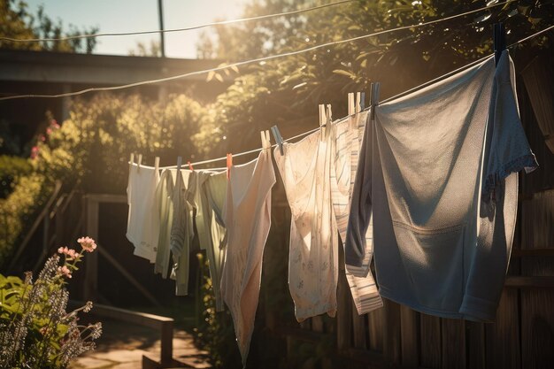 Un tendedero con toallas recién lavadas y secas colgadas al sol