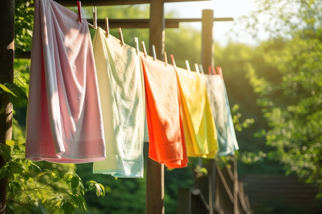 Un tendedero con toallas y sábanas de colores colgando en la brisa