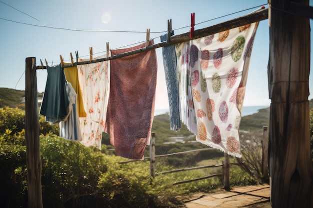 Un tendedero con toallas y sábanas coloridas colgando en la brisa creado con ai generativo