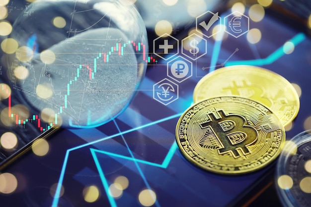 Tendência de mercado em alta Criptomoeda Bitcoin Stock Growth Chart mostra um forte aumento no preço do bitcoin Investir em ativos virtuais Plataforma de investimento com gráficos e moeda bitcoin