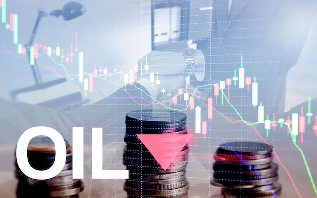 Tendência do petróleo para baixo Gráfico gráfico de velas Barris de petróleo e um gráfico financeiro sobre fundo abstrato de negócios Preço do petróleo para baixo Seta do barril para baixo