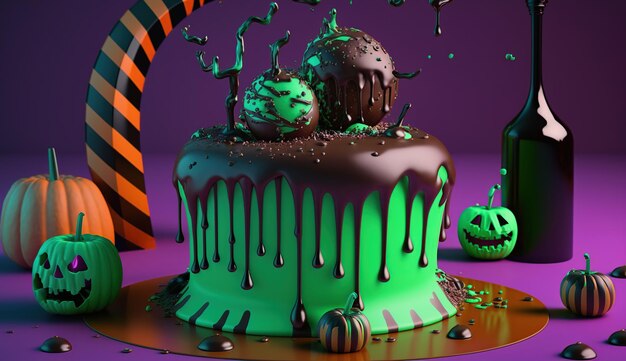 Foto en la tendencia de halloween candyland fantasía novedad pastel de goteo y mesa de fiesta contra chroma clave de fondo verde generativo ai