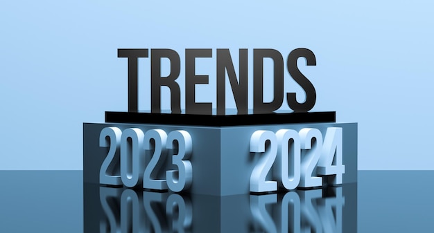 TENDENCIAS 20232024 concepto de texto en el podio con reflejo en el suelo TENDENCIA para 20232024 banner wallpaper 3D render