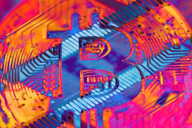 Tendencias económicas moneda digital virtual y concepto de comercio de inversión financiera. Antecedentes financieros abstractos de la criptomoneda Bitcoin.