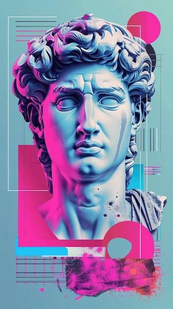 Tendências visuais psicodélicas surrealistas antigas esculturas de deuses gregos estátuas de colunas romanas cores de néon vibrantes criando uma fusão hipnotizante e de vanguarda do passado e do presente