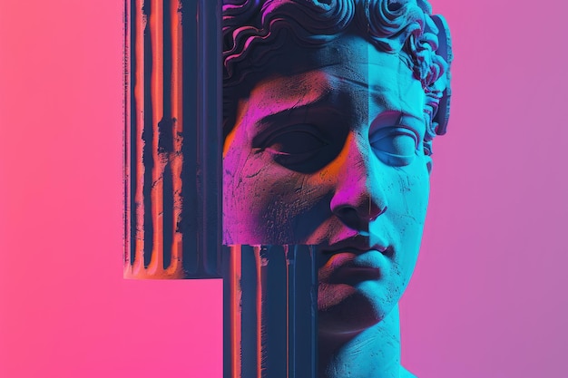 Tendências visuais psicodélicas surrealistas antigas esculturas de deuses gregos estátuas de colunas romanas cores de néon vibrantes criando uma fusão hipnotizante e de vanguarda do passado e do presente