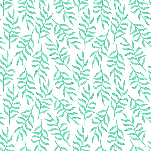 Tender acuarela patrón sin costuras con hojas y ramas de esmeralda en fondo blanco textura botánica verde azul para papel de envoltura textil superficie de diseño de impresión