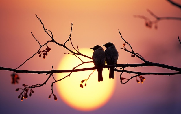 Tender Avian Affection Evening Sun Backdrop Aves românticas em árvores Pássaros namorados Silhueta Pôr-do-sol