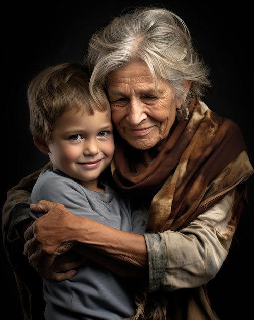 Foto tender avó abraço neto retrato em um fundo escuro