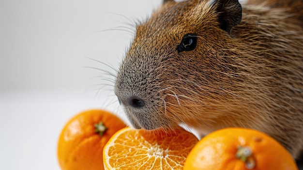 Tender Capybara mit Orangen auf weißem Hintergrund