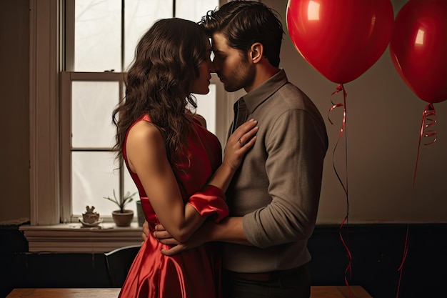 Tender gesto del día de San Valentín Una pareja intercambiando tarjetas y compartiendo un beso amoroso
