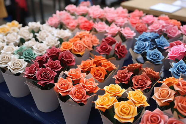 El tendero del mercado vende flores de papel hechas a mano en tonos brillantes