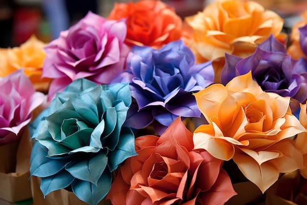 Foto el tendero del mercado vende flores de papel hechas a mano en tonos brillantes