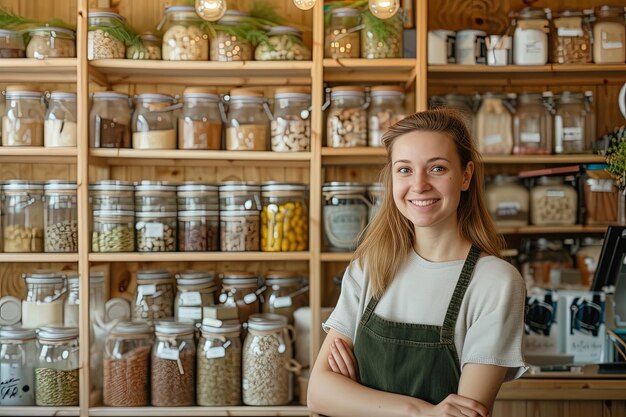 Un tendero sonriente con productos ecológicos en una tienda de cero residuos