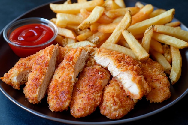 Tenderos de pollo crujientes y papas fritas doradas servidas con salsa de inmersión en un plato negro