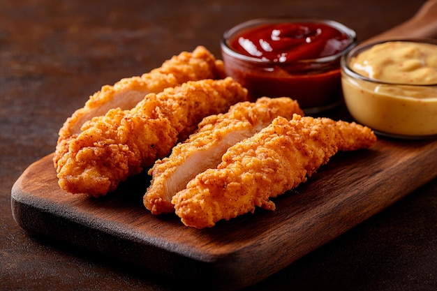 Tenderos de pollo frito y crujiente servidos con sabrosas salsas de inmersión en una tabla de madera rústica
