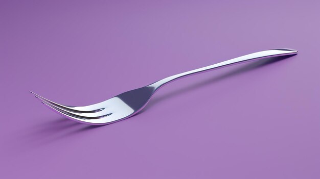 Un tenedor brillante sobre un fondo púrpura El tenedor está hecho de metal y tiene un diseño simple Está apoyado en una superficie púrpura