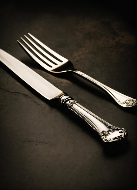 Un tenedor y un cuchillo cruzados como un hueso en un negro