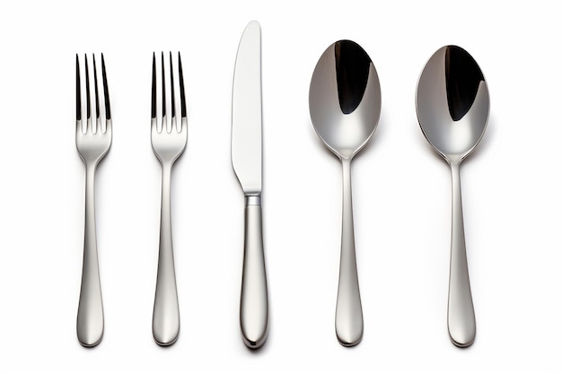 Tenedor cuchillo cuchara cucharadita cubertería aislado sobre fondo blanco trazado de recorte