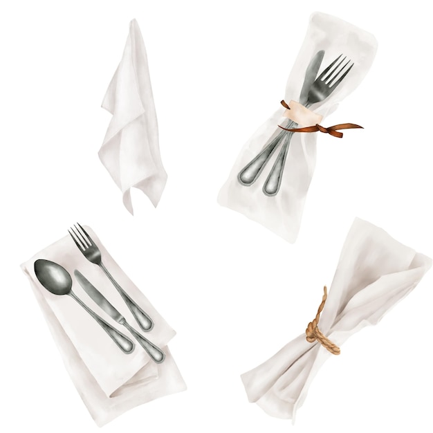 Un tenedor y un cuchillo envueltos en una servilleta de lino, un juego de ilustraciones digitales en acuarela, un conjunto de servilletas de lino plegadas y una toalla de algodón colgada aislada sobre un fondo blanco.