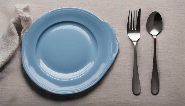 un tenedor y un cuchillo están en una mesa con un plato azul