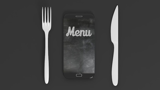 Tenedor cuchillo y smartphone con menú escrito en pantalla aislado sobre fondo negro