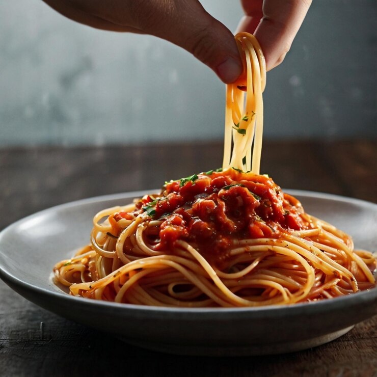 Un tenedor lleno de espagueti humeante con fideos brillantes
