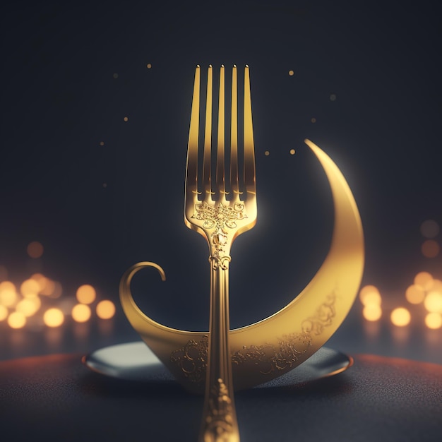 Un tenedor de oro y una luna creciente sobre una mesa.