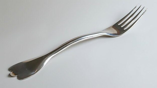 El tenedor de plata con mango en forma de corazón aislado sobre un fondo blanco El tenedor tiene una superficie brillante y refleja la luz
