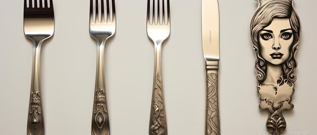 un tenedor de plata con un patrón de un cuchillo y la palabra e en él