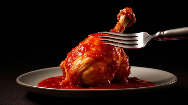 Foto un tenedor está sosteniendo un pollo con una salsa roja