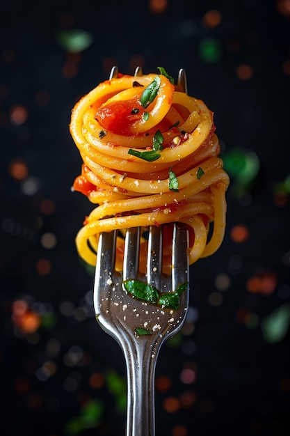 El tenedor sostiene las hebras de la pasta