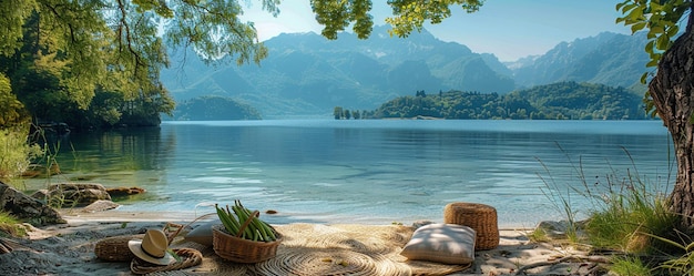 Tener un picnic saludable en la playa o en el lago para empaperar