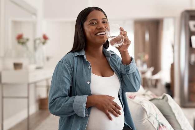 Tengo que mantenerme hidratado para tener una buena salud Retrato de una mujer embarazada bebiendo un vaso de agua en casa