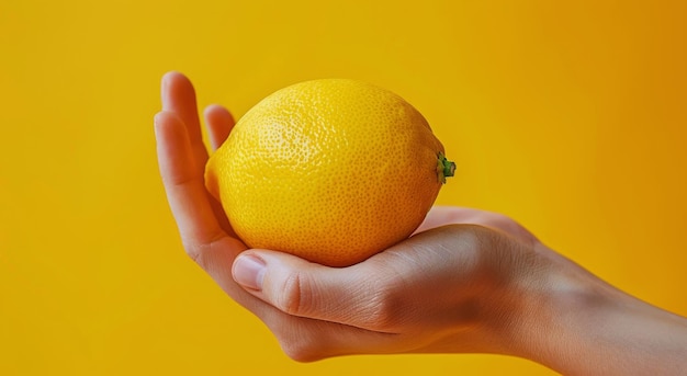 Teniendo en la mano una naranja con hoja verde