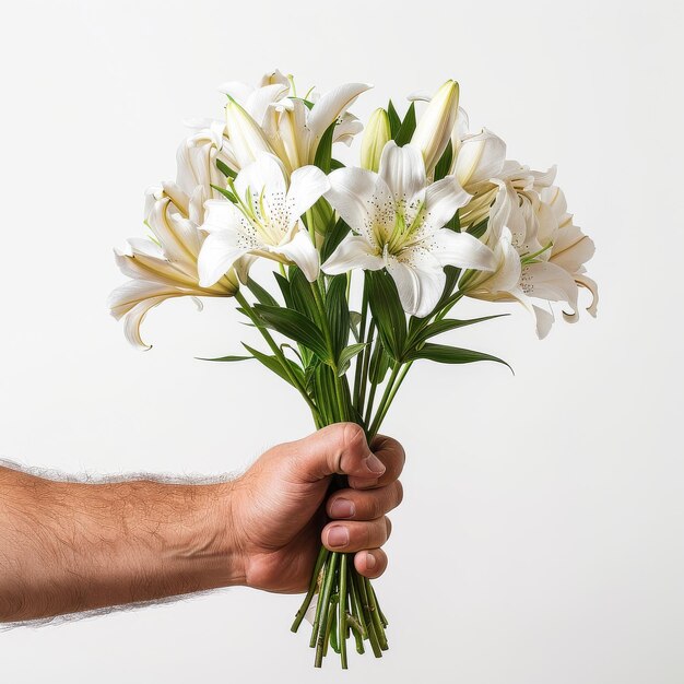 Teniendo en la mano un ramo de flores blancas