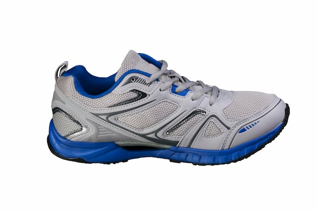 Tênis cinza com detalhes em azul isolados Sapatos esportivos em um fundo branco