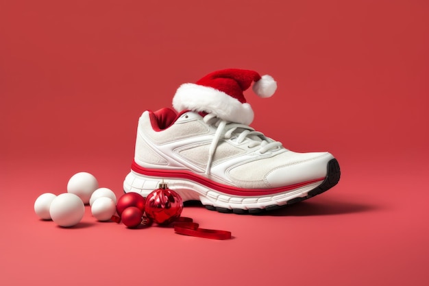 Tênis de corrida com resolução de ano novo com chapéu de Papai Noel, estilo de vida saudável, desafio de ano novo
