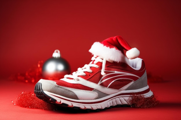 Tênis de corrida com resolução de ano novo com chapéu de Papai Noel, estilo de vida saudável, desafio de ano novo