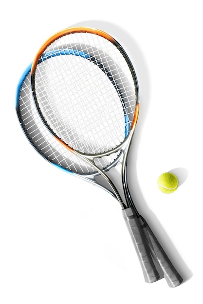 Tênis. Raquetes de tênis e bola no fundo branco. Isolado