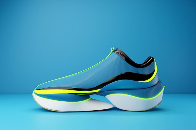 Tênis unissex azul esportivo brilhante em lona branca e azul com ilustração 3d de sola alta